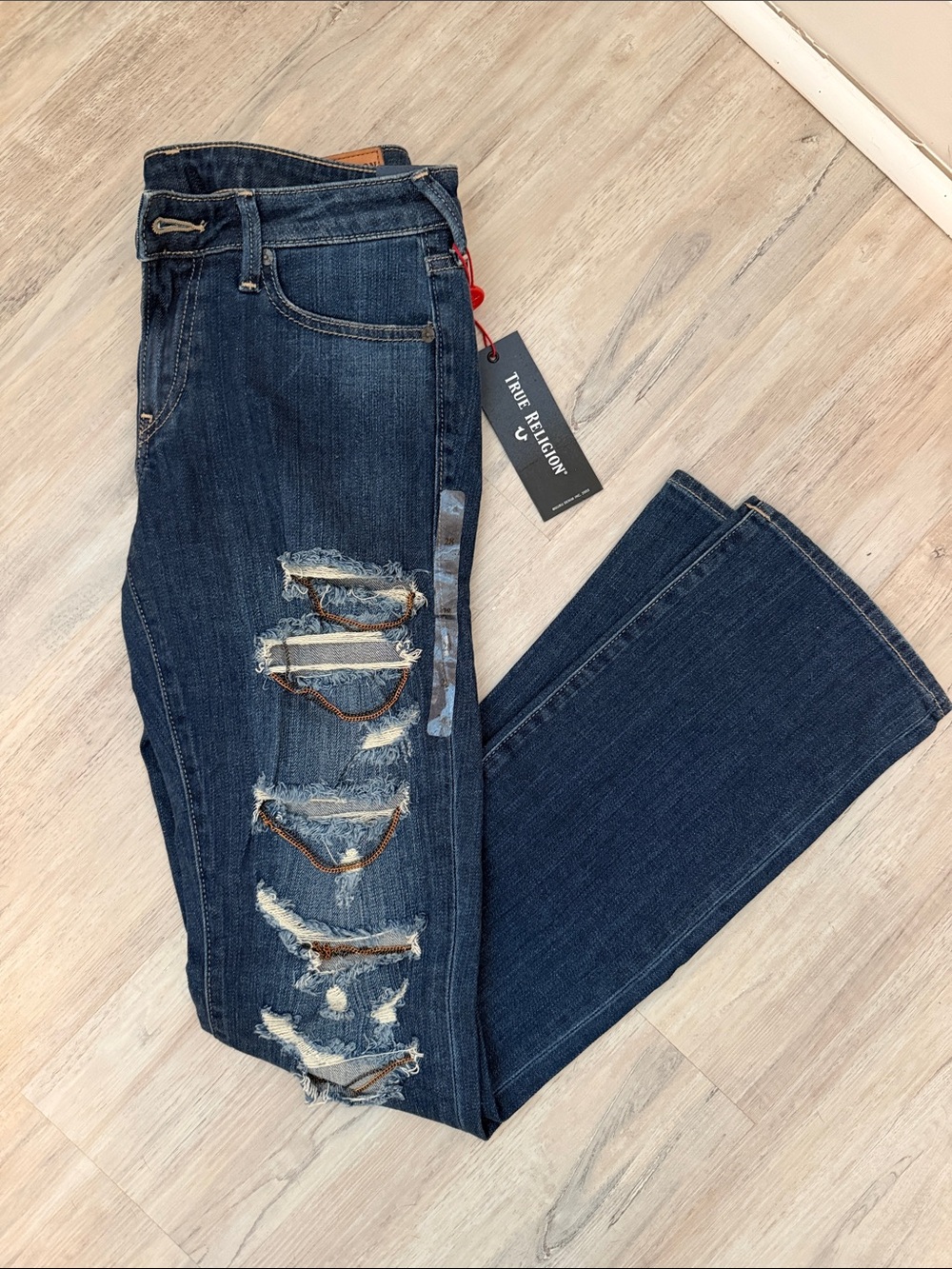 True Religion- Billie Dark Blue Straight Leg Distressed Jeans